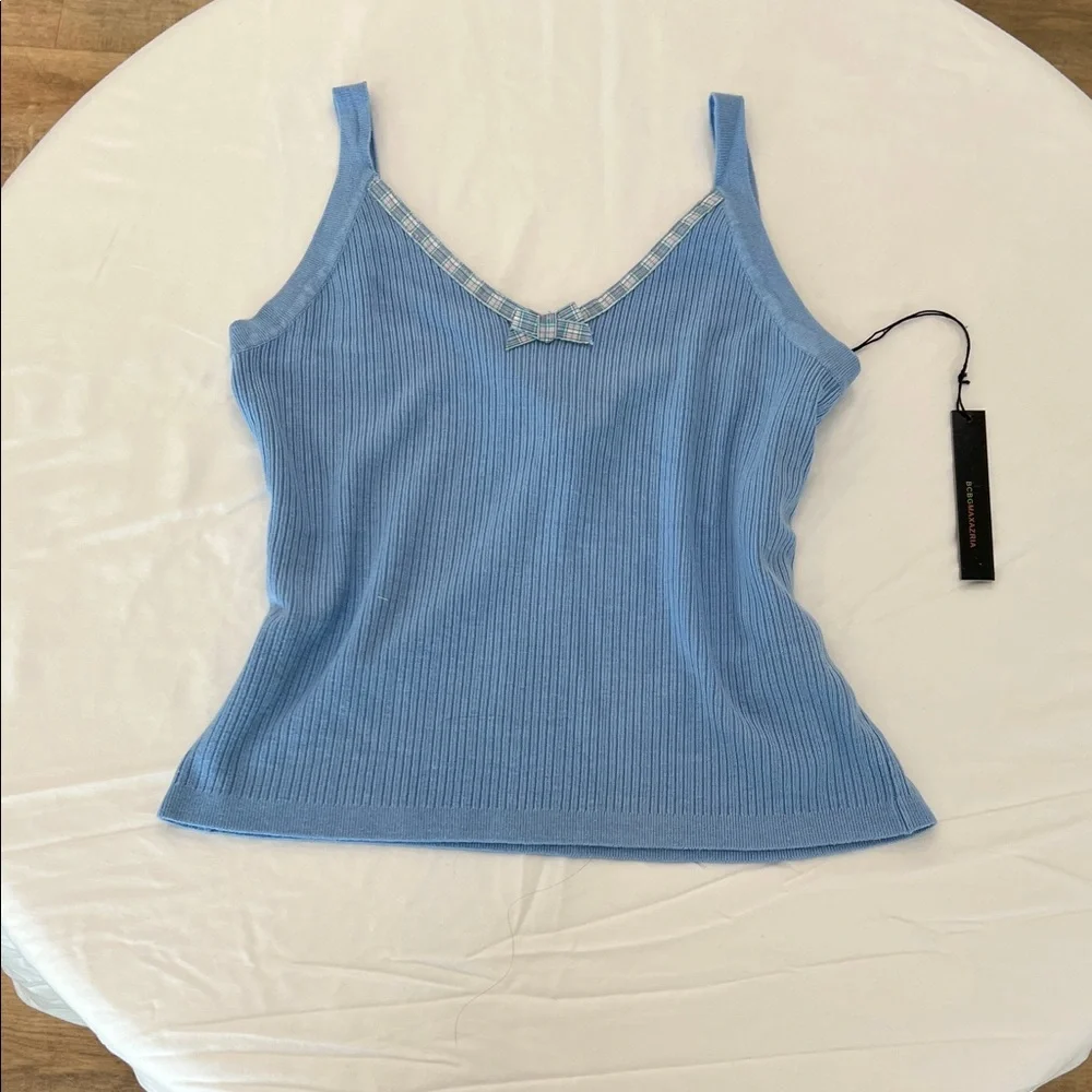 Blue Ribbed V-Neck Tank Top with Bow and Cardigan Matching Set